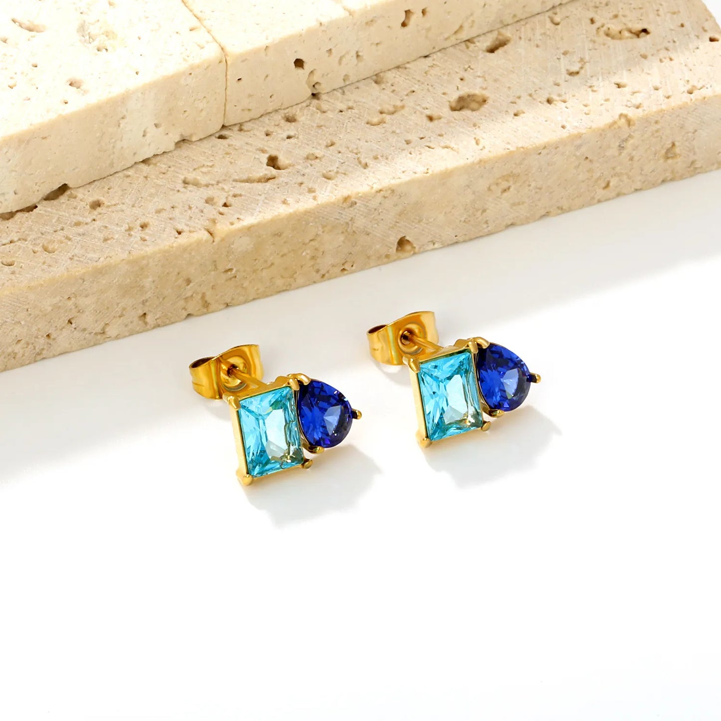 Two‑Tone Mixed Cut Crystal Stud Earrings | Rectangle & Teardrop Gem | Bulk Order MOQ 12