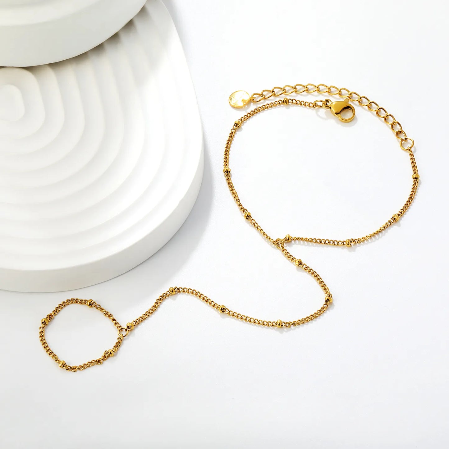 Minimal 18K Gold Plated Stainless Steel Beaded Station Hand Chain for Wholesale