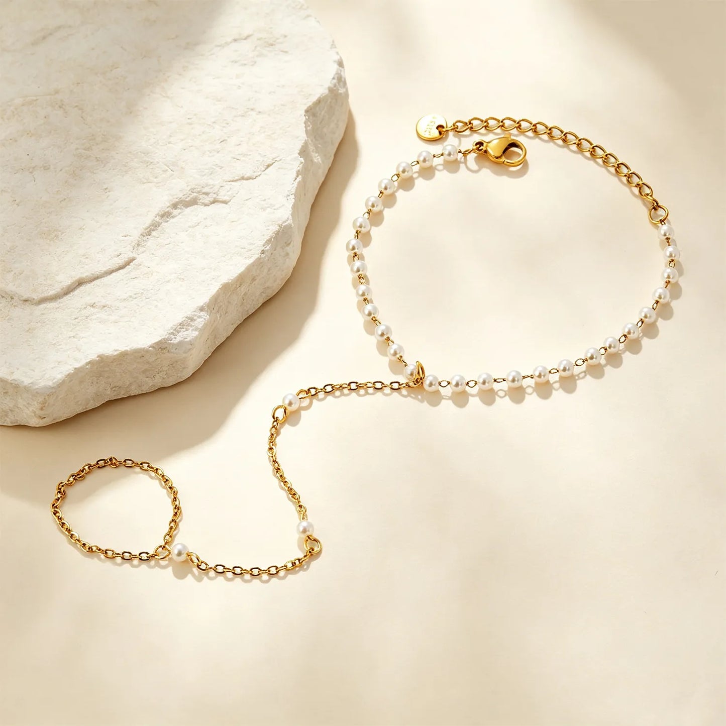 Classic Pearl Beaded with 18K Gold Plated Stainless Steel Hand Chain | MOQ 12