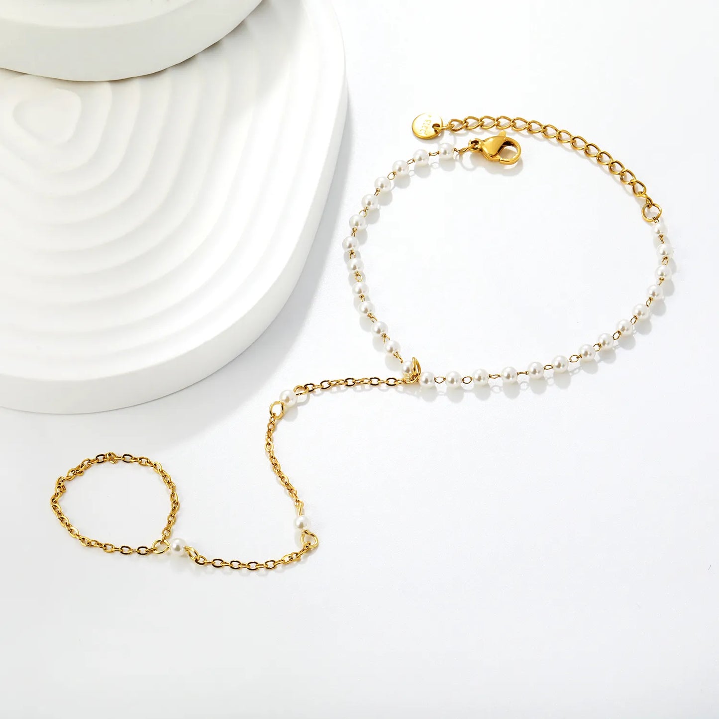 Classic Pearl Beaded with 18K Gold Plated Stainless Steel Hand Chain | MOQ 12