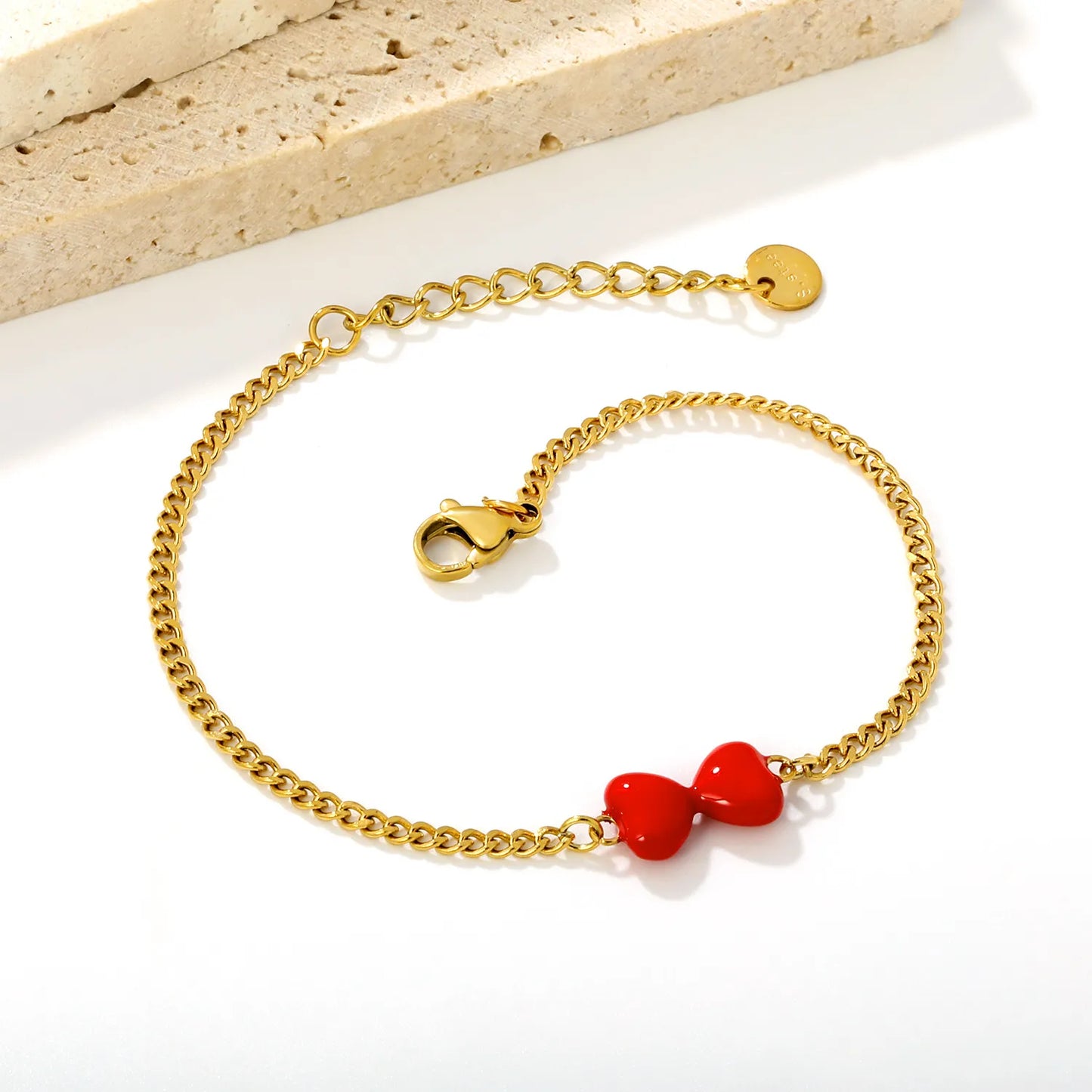 Sweet Red Enamel Bow Charm Curb Chain Bracelet | 18K Gold Plated Stainless Steel | MOQ 12