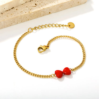 Sweet Red Enamel Bow Charm Curb Chain Bracelet | 18K Gold Plated Stainless Steel | MOQ 12