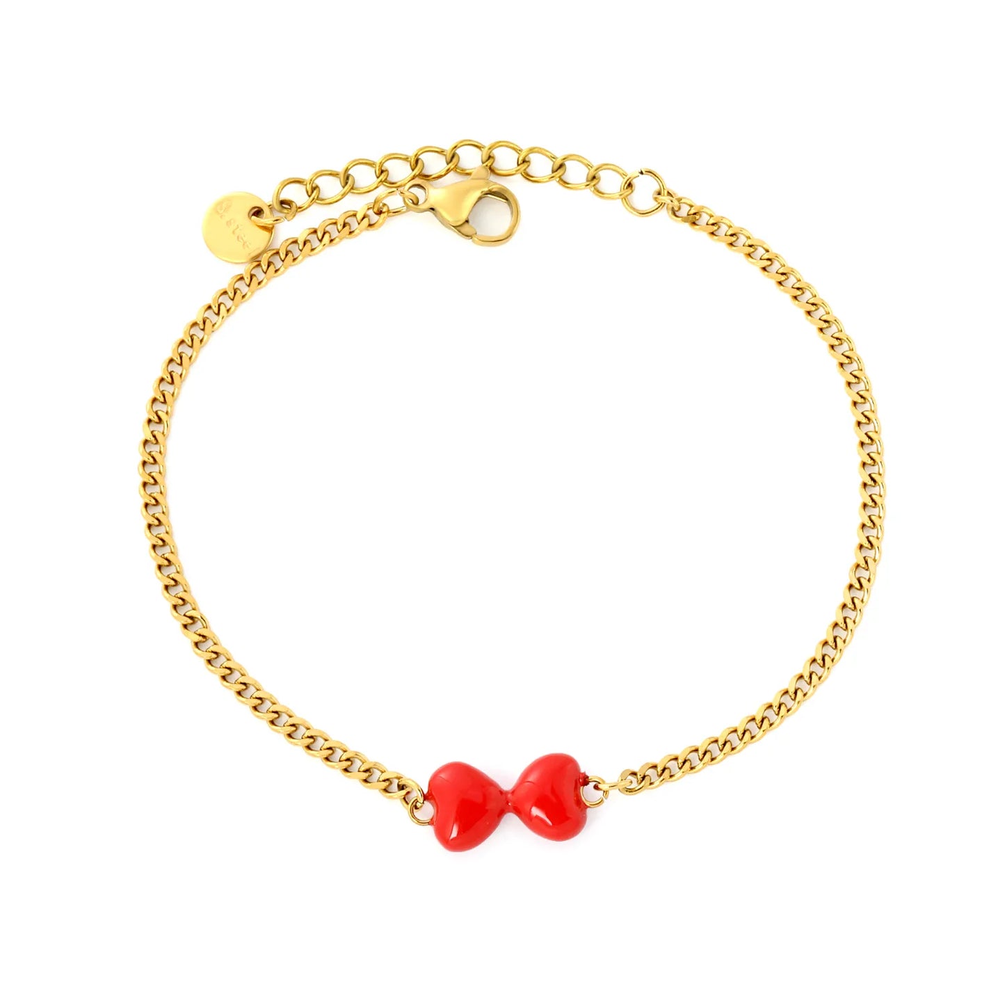 Sweet Red Enamel Bow Charm Curb Chain Bracelet | 18K Gold Plated Stainless Steel | MOQ 12