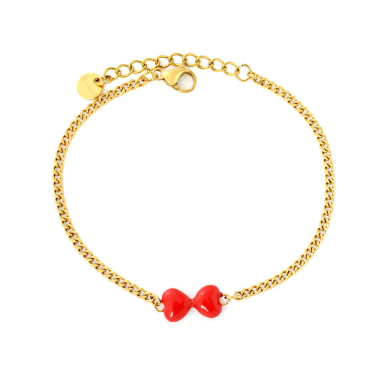 Sweet Red Enamel Bow Charm Curb Chain Bracelet | 18K Gold Plated Stainless Steel | MOQ 12