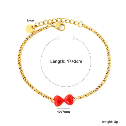 Sweet Red Enamel Bow Charm Curb Chain Bracelet | 18K Gold Plated Stainless Steel | MOQ 12
