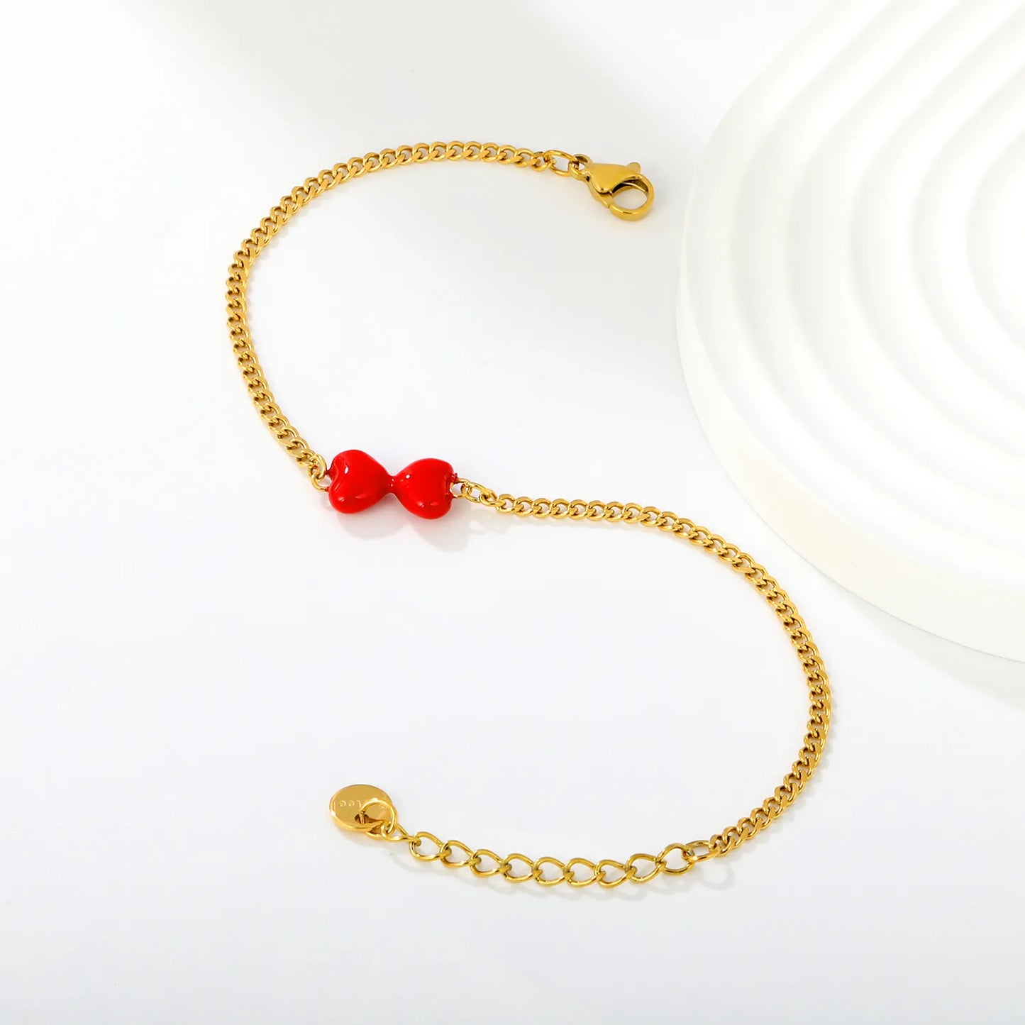 Sweet Red Enamel Bow Charm Curb Chain Bracelet | 18K Gold Plated Stainless Steel | MOQ 12