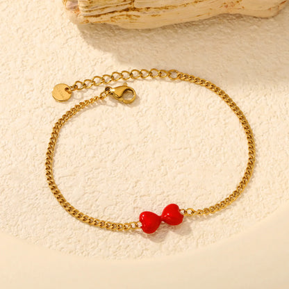 Sweet Red Enamel Bow Charm Curb Chain Bracelet | 18K Gold Plated Stainless Steel | MOQ 12