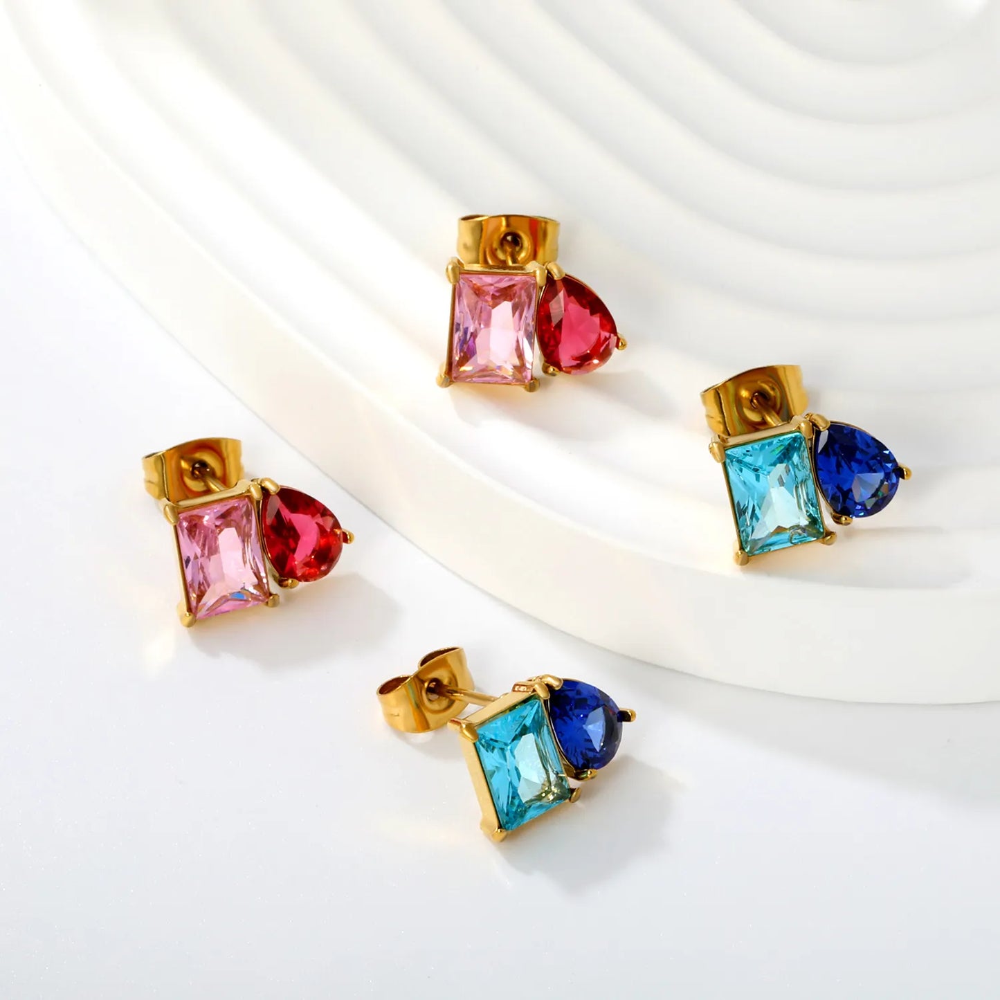 Two‑Tone Mixed Cut Crystal Stud Earrings | Rectangle & Teardrop Gem | Bulk Order MOQ 12