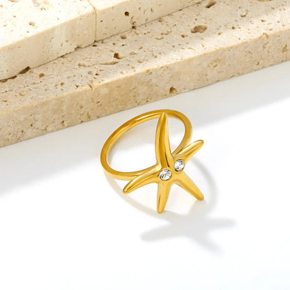 Crystal‑Inlaid Starfish Statement Ring for Wholesale | 18K Gold Plated Stainless Steel | MOQ 12