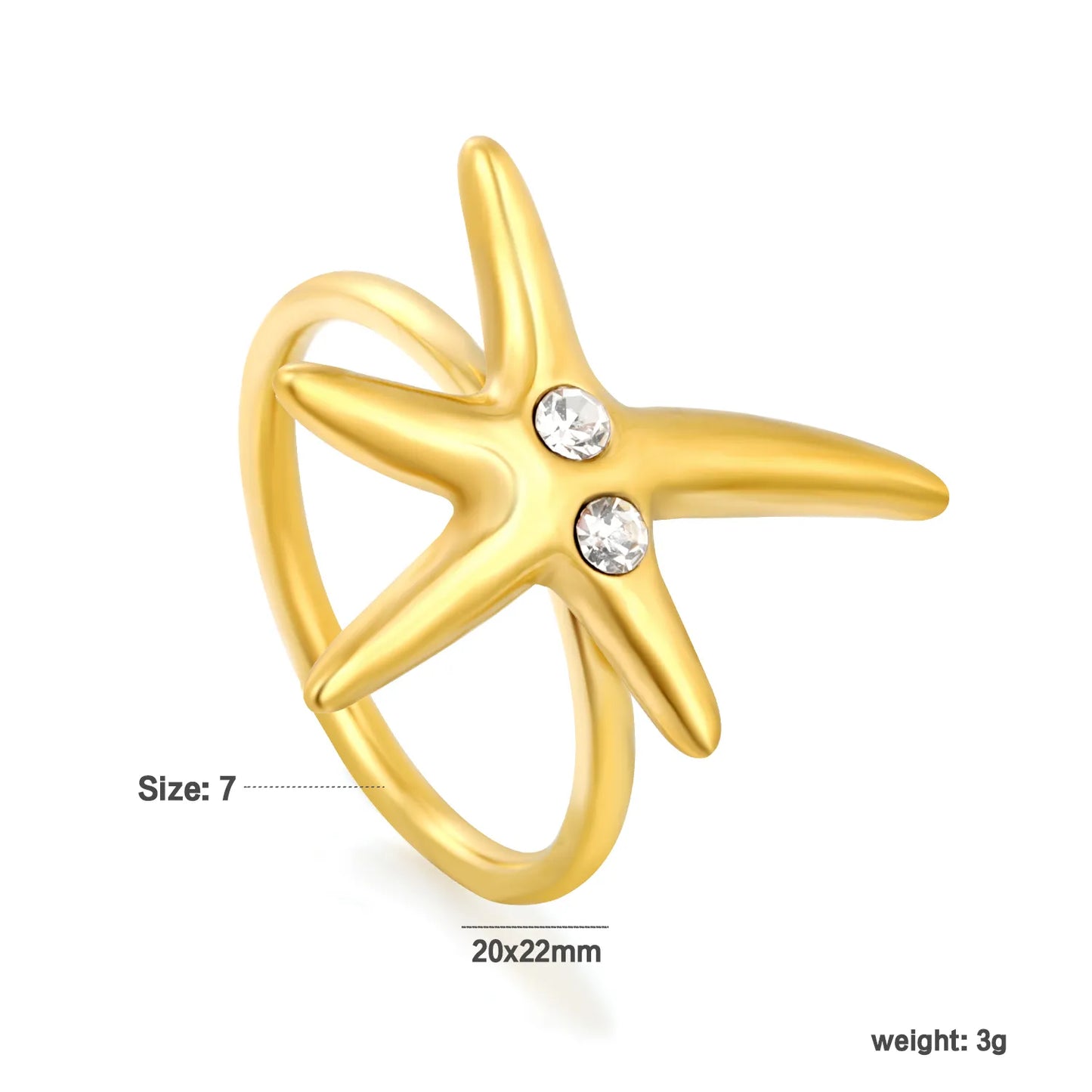Crystal‑Inlaid Starfish Statement Ring for Wholesale | 18K Gold Plated Stainless Steel | MOQ 12