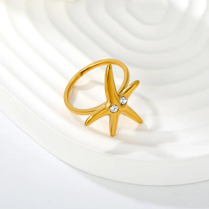 Crystal‑Inlaid Starfish Statement Ring for Wholesale | 18K Gold Plated Stainless Steel | MOQ 12