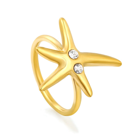 Crystal‑Inlaid Starfish Statement Ring for Wholesale | 18K Gold Plated Stainless Steel | MOQ 12