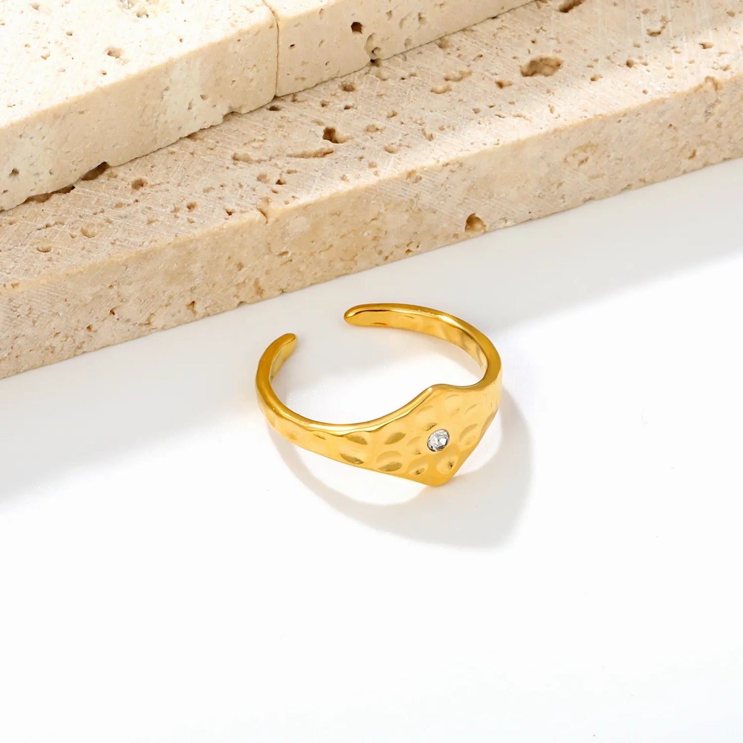 Hammered Hexagon Crystal Open Ring | 18K Gold Plated Stainless Steel Adjustable Band for Wholesale