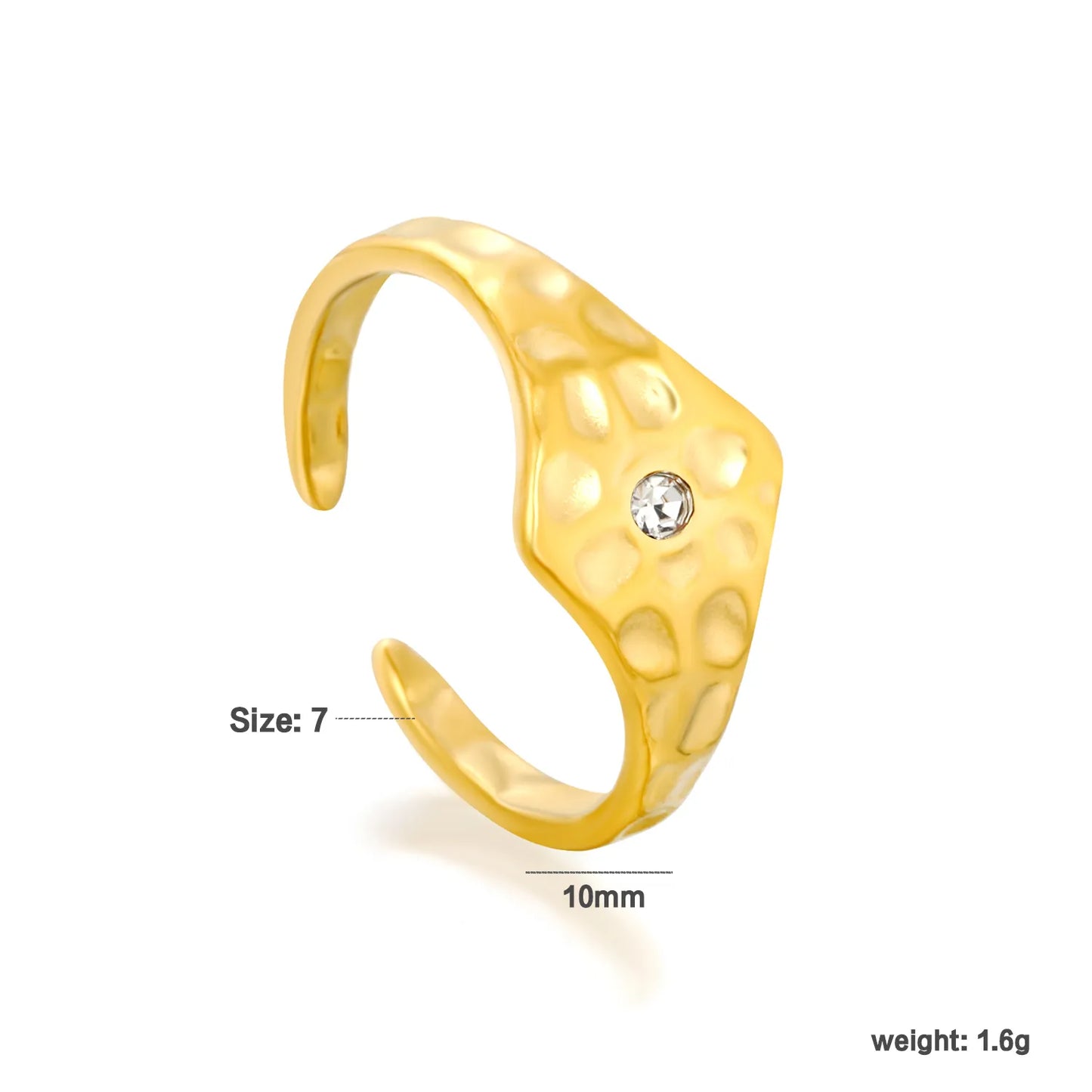 Hammered Hexagon Crystal Open Ring | 18K Gold Plated Stainless Steel Adjustable Band for Wholesale