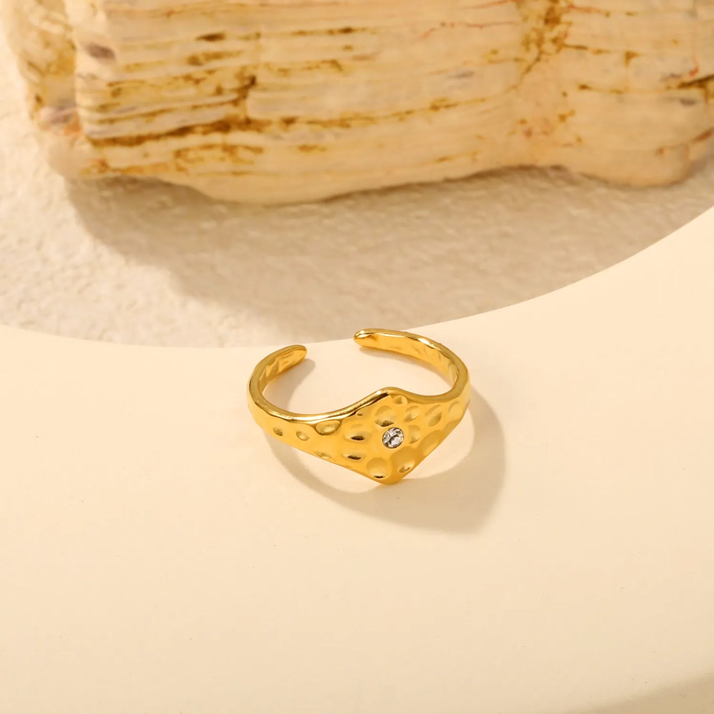 Hammered Hexagon Crystal Open Ring | 18K Gold Plated Stainless Steel Adjustable Band for Wholesale