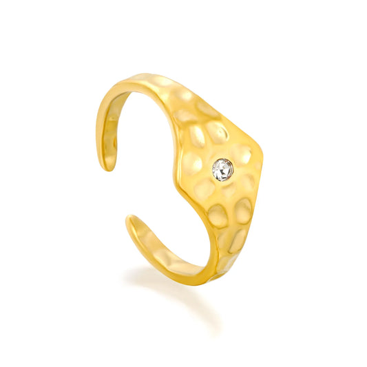 Hammered Hexagon Crystal Open Ring | 18K Gold Plated Stainless Steel Adjustable Band for Wholesale