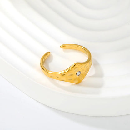 Hammered Hexagon Crystal Open Ring | 18K Gold Plated Stainless Steel Adjustable Band for Wholesale