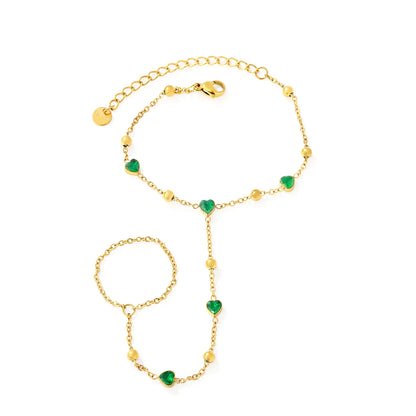 18K Gold Plated Hand Chain with Green Heart Crystals | Finger Bracelet for Wholesale | MOQ 12
