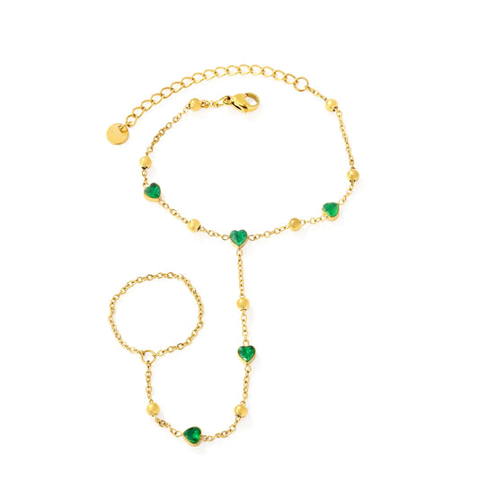 18K Gold Plated Hand Chain with Green Heart Crystals | Finger Bracelet for Wholesale | MOQ 12