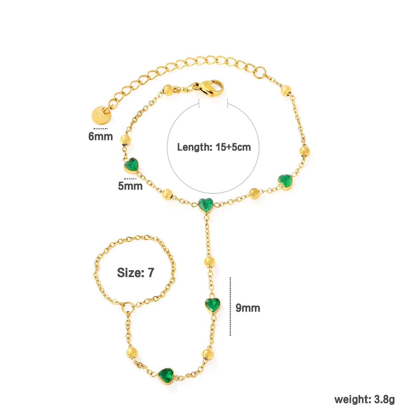 18K Gold Plated Hand Chain with Green Heart Crystals | Finger Bracelet for Wholesale | MOQ 12