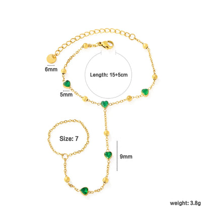 18K Gold Plated Hand Chain with Green Heart Crystals | Finger Bracelet for Wholesale | MOQ 12