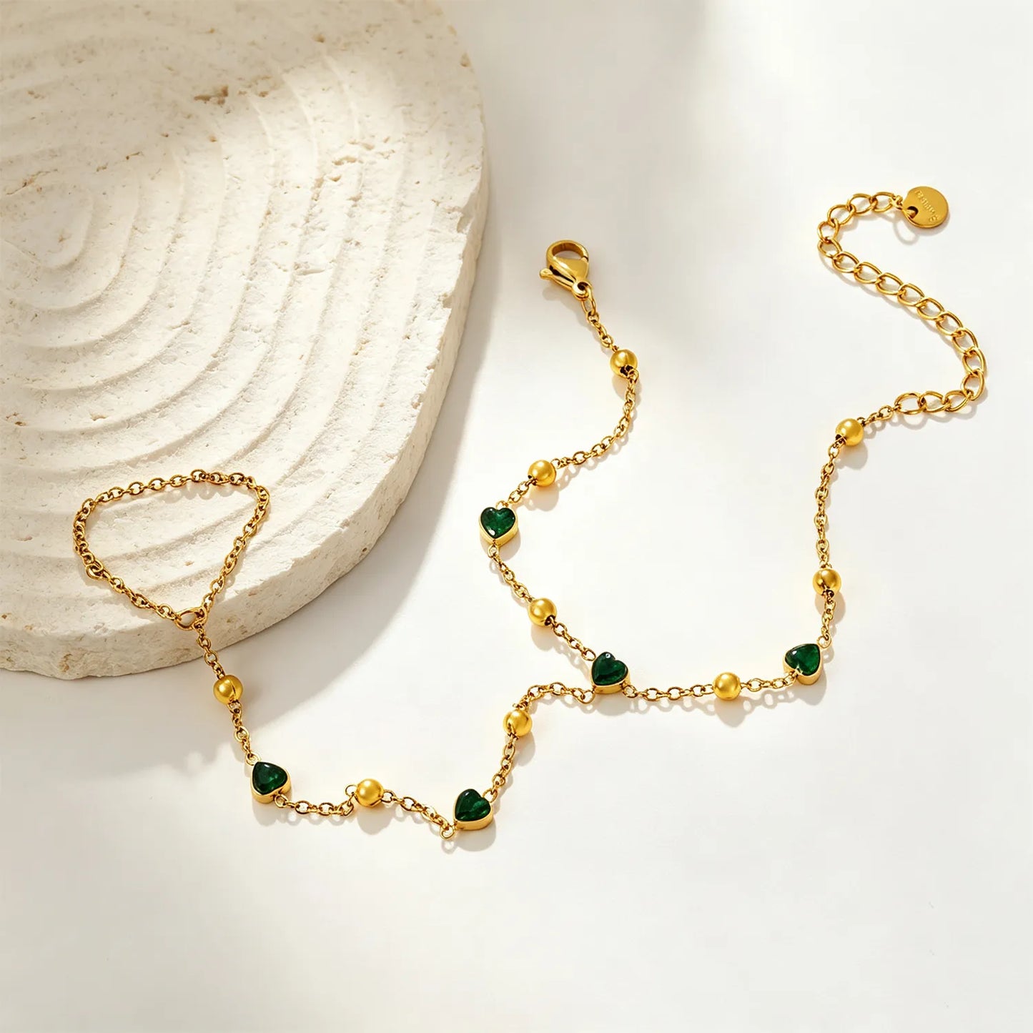 18K Gold Plated Hand Chain with Green Heart Crystals | Finger Bracelet for Wholesale | MOQ 12