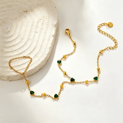 18K Gold Plated Hand Chain with Green Heart Crystals | Finger Bracelet for Wholesale | MOQ 12