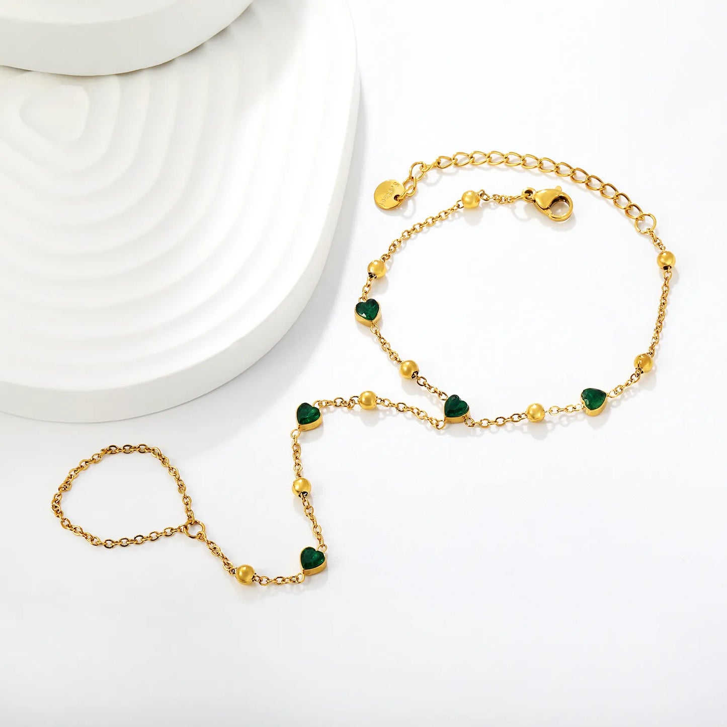 18K Gold Plated Hand Chain with Green Heart Crystals | Finger Bracelet for Wholesale | MOQ 12