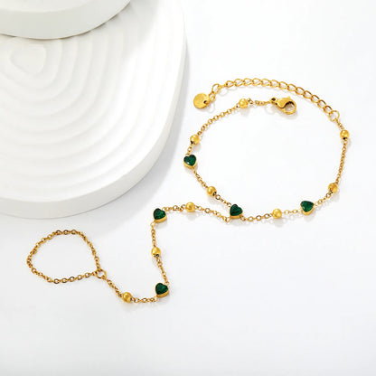 18K Gold Plated Hand Chain with Green Heart Crystals | Finger Bracelet for Wholesale | MOQ 12