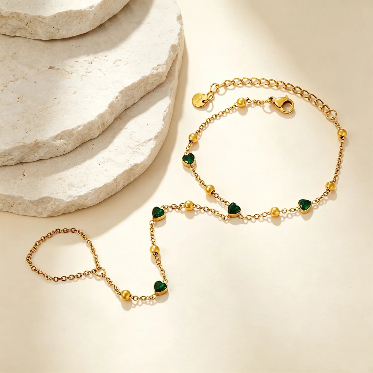18K Gold Plated Hand Chain with Green Heart Crystals | Finger Bracelet for Wholesale | MOQ 12