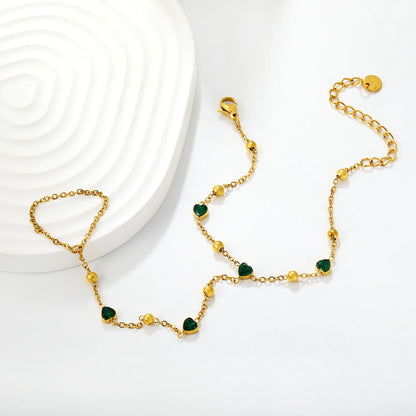 18K Gold Plated Hand Chain with Green Heart Crystals | Finger Bracelet for Wholesale | MOQ 12