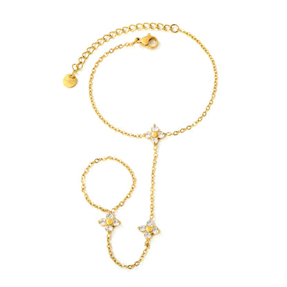 18K Gold Plated Clover Crystal Hand Chain | Wholesale Dainty Connected Bracelet Finger Ring Hand Harness