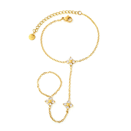 18K Gold Plated Clover Crystal Hand Chain | Wholesale Dainty Connected Bracelet Finger Ring Hand Harness
