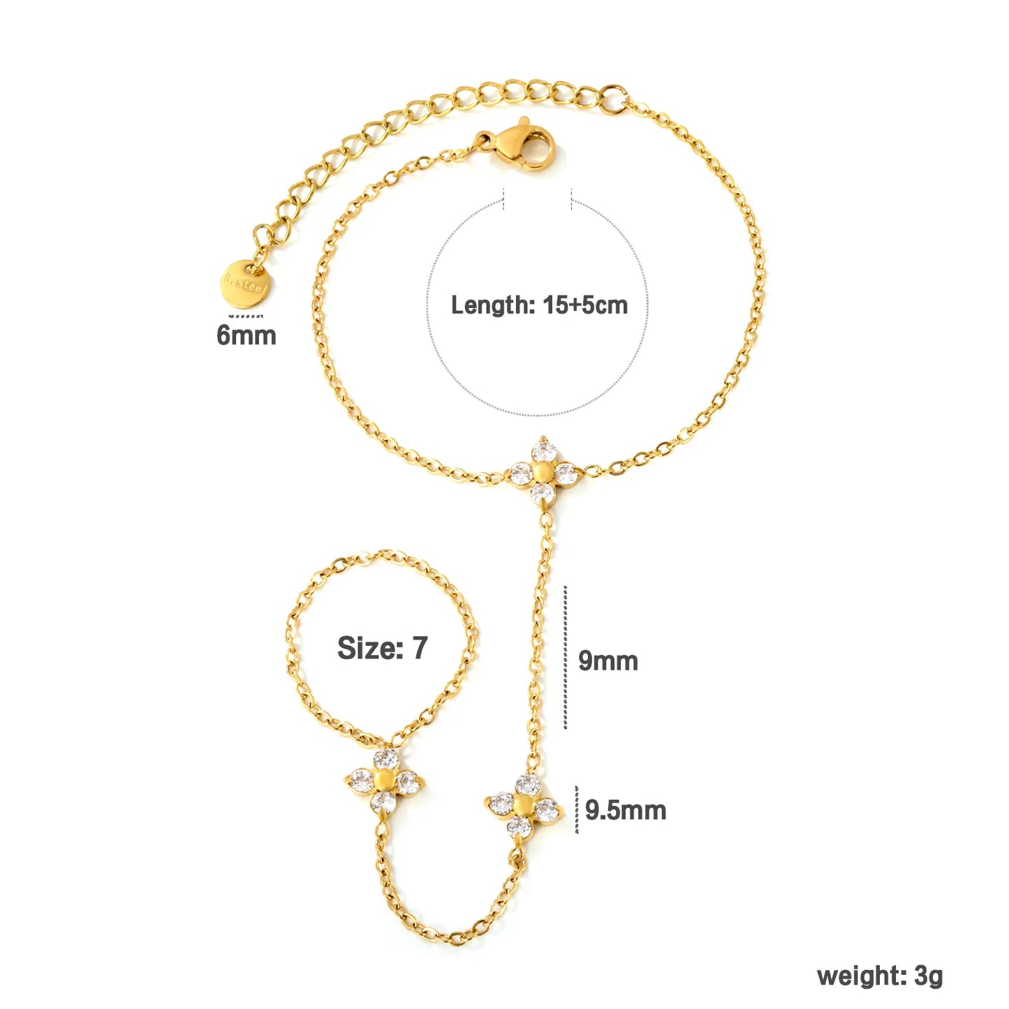18K Gold Plated Clover Crystal Hand Chain | Wholesale Dainty Connected Bracelet Finger Ring Hand Harness