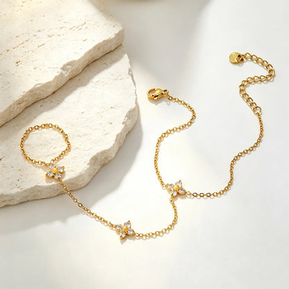 18K Gold Plated Clover Crystal Hand Chain | Wholesale Dainty Connected Bracelet Finger Ring Hand Harness