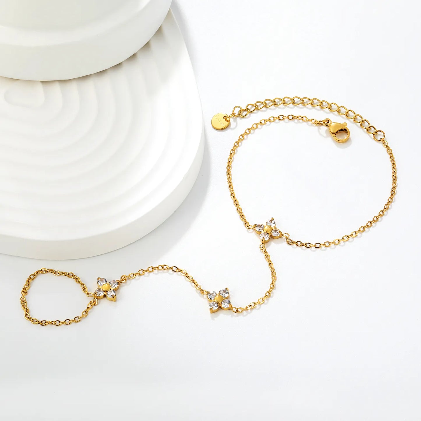 18K Gold Plated Clover Crystal Hand Chain | Wholesale Dainty Connected Bracelet Finger Ring Hand Harness