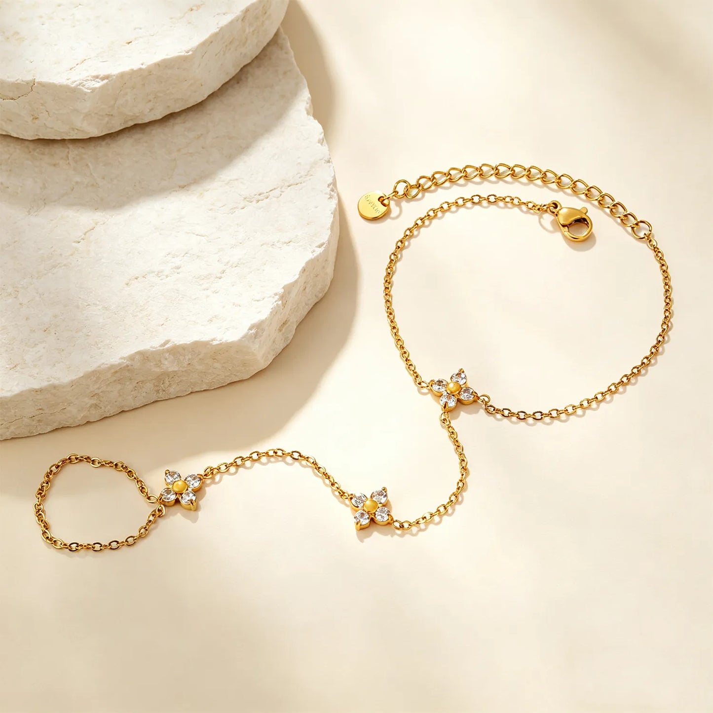 18K Gold Plated Clover Crystal Hand Chain | Wholesale Dainty Connected Bracelet Finger Ring Hand Harness