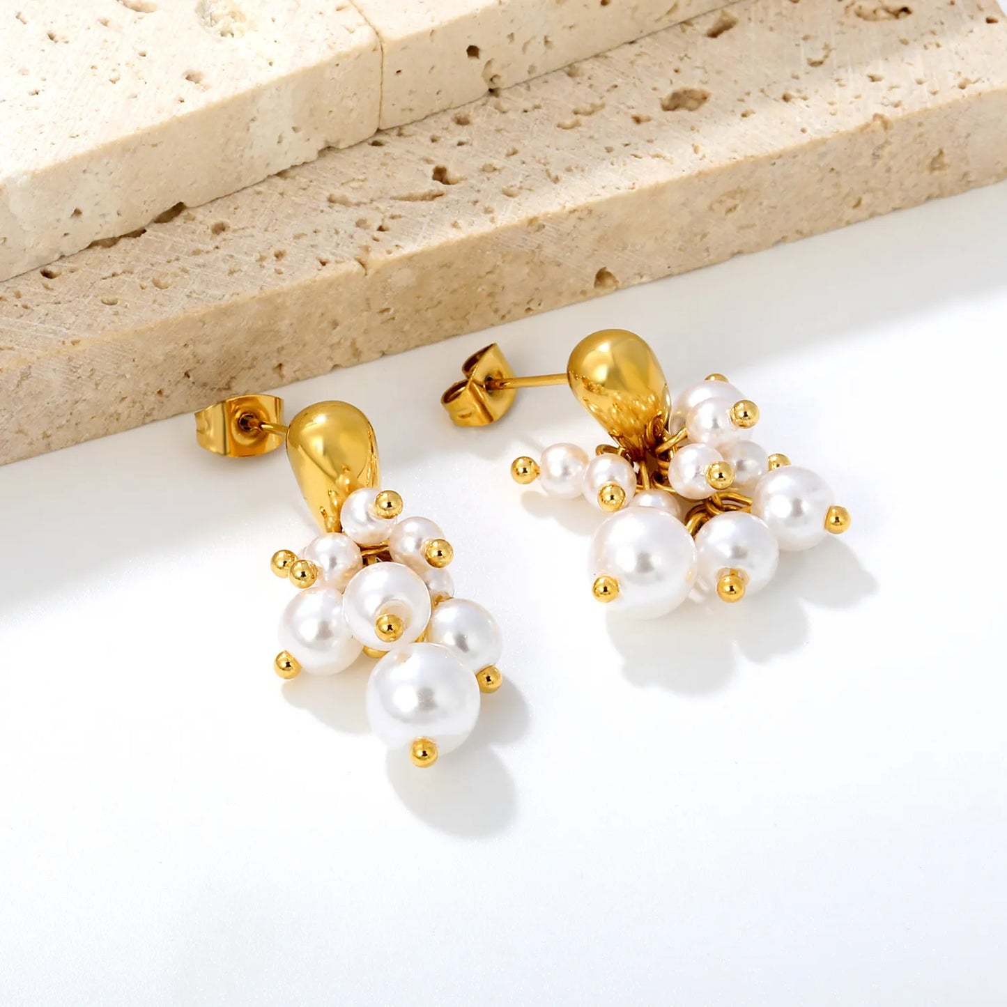Grape‑Cluster Pearl Dangle Drop Earrings | 18K Gold Plated Stainless Steel Bridal Earrings Wholesale