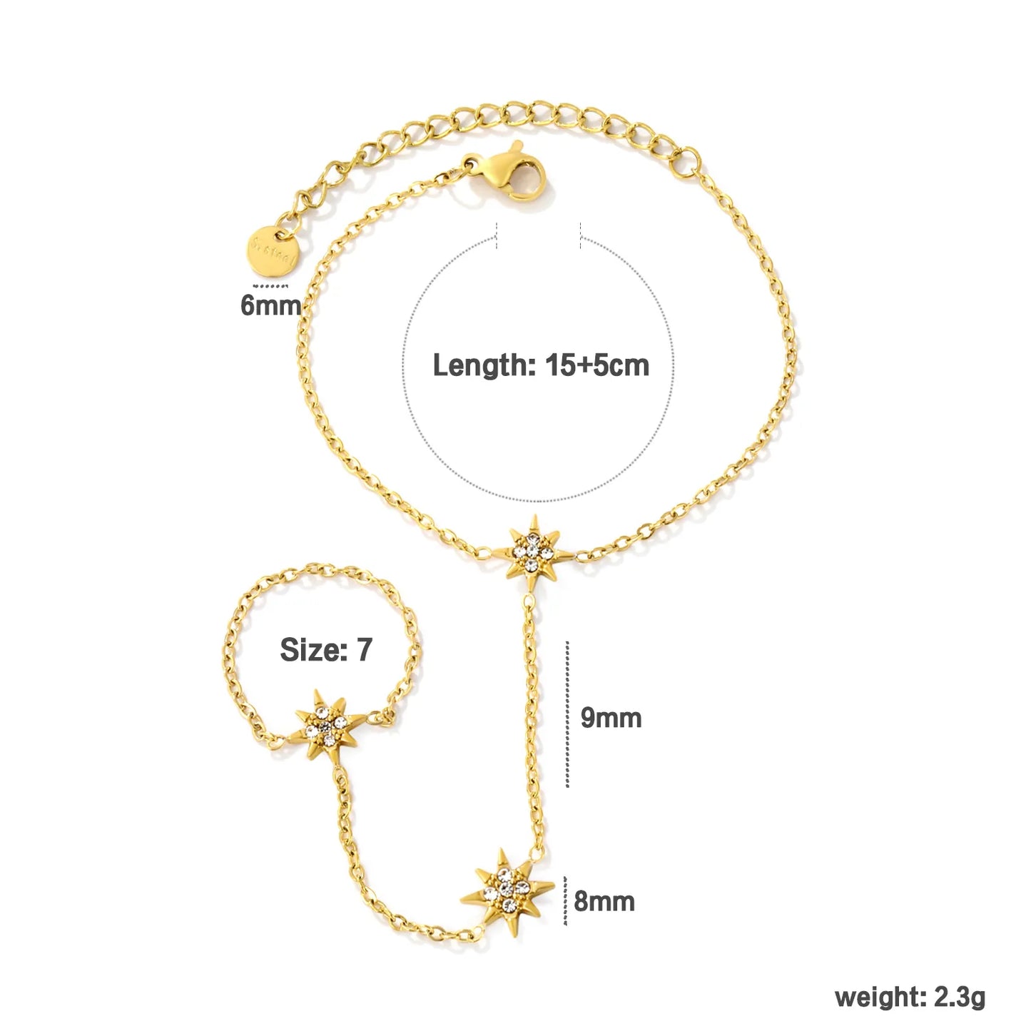 Dainty  North Star Crystal Hand Chain Bracelet | 18K Gold Plated Stainless Steel | MOQ 12