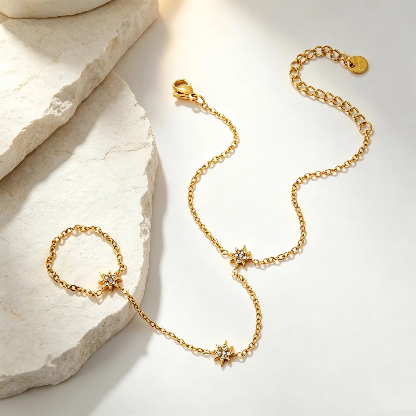 Dainty  North Star Crystal Hand Chain Bracelet | 18K Gold Plated Stainless Steel | MOQ 12