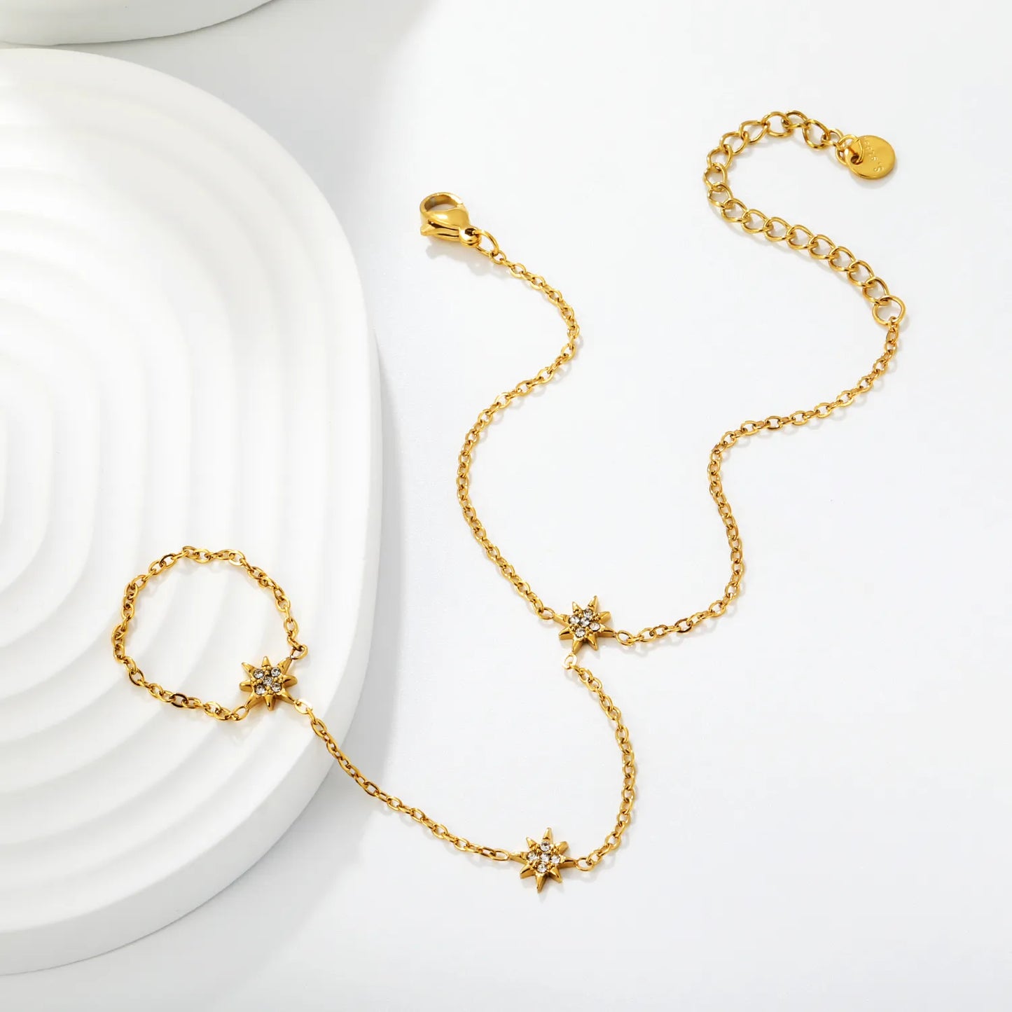 Dainty  North Star Crystal Hand Chain Bracelet | 18K Gold Plated Stainless Steel | MOQ 12
