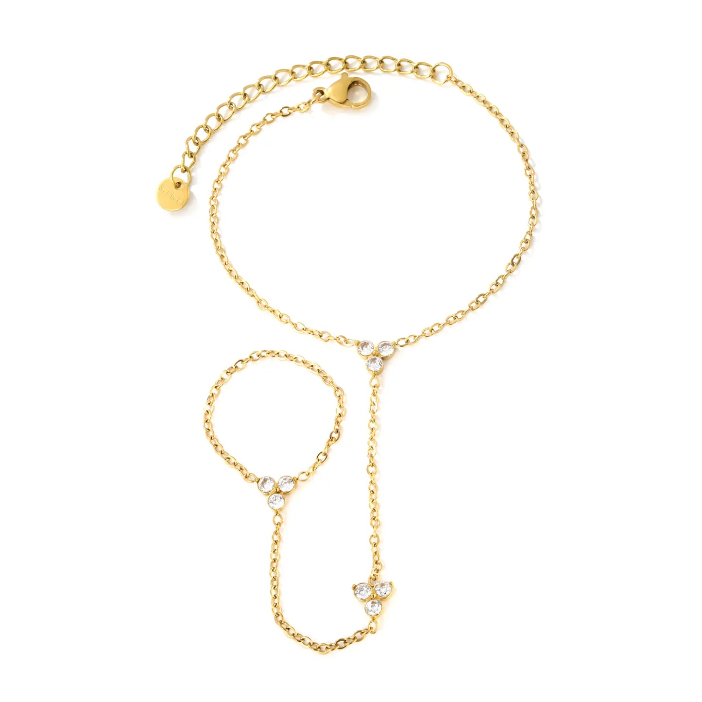 Dainty Triple Clear Crystal Hand Harness | 18K Gold Plated Stainless Steel Hand Chain for Bulk Order