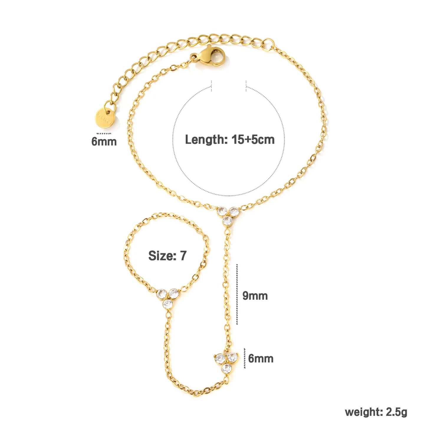Dainty Triple Clear Crystal Hand Harness | 18K Gold Plated Stainless Steel Hand Chain for Bulk Order