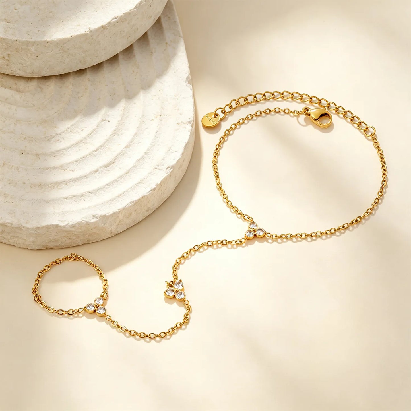 Dainty Triple Clear Crystal Hand Harness | 18K Gold Plated Stainless Steel Hand Chain for Bulk Order