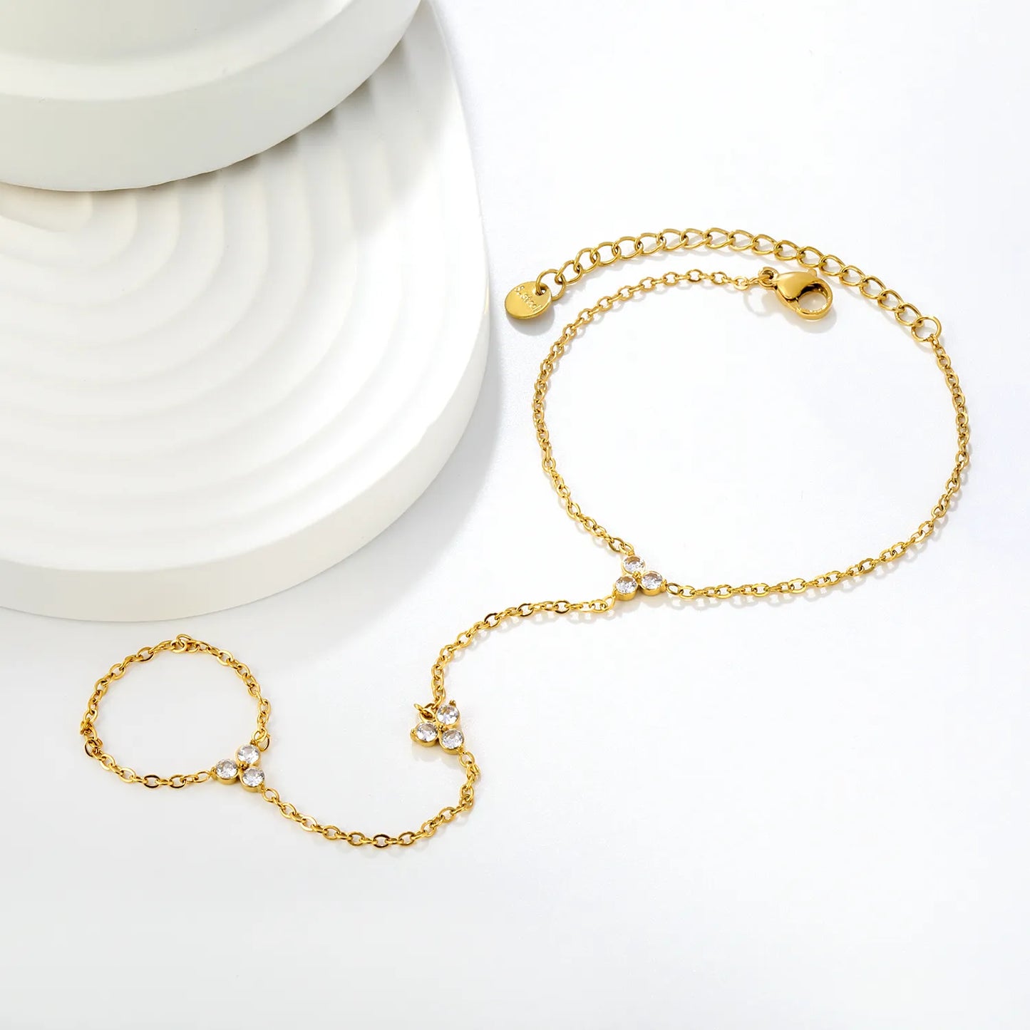 Dainty Triple Clear Crystal Hand Harness | 18K Gold Plated Stainless Steel Hand Chain for Bulk Order