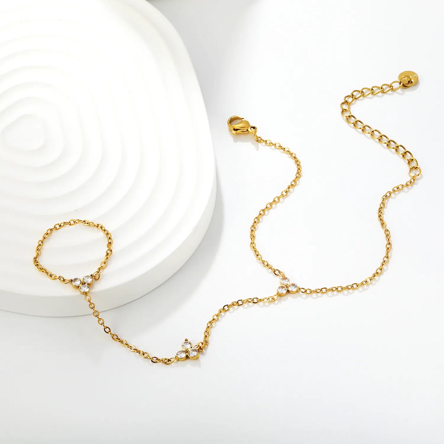 Dainty Triple Clear Crystal Hand Harness | 18K Gold Plated Stainless Steel Hand Chain for Bulk Order