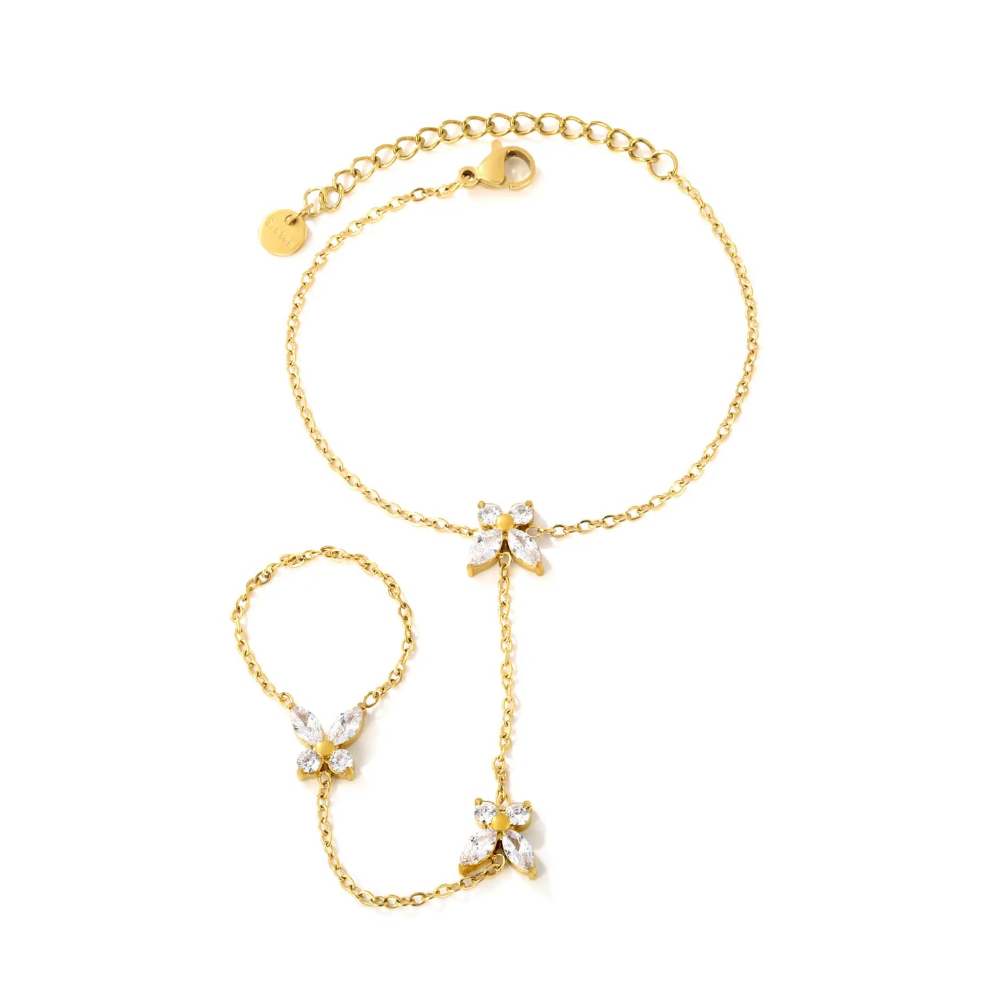 Butterfly Crystal Hand Chain | 18K Gold Plated Stainless Steel | Linked Bracelet Ring for Wholesale