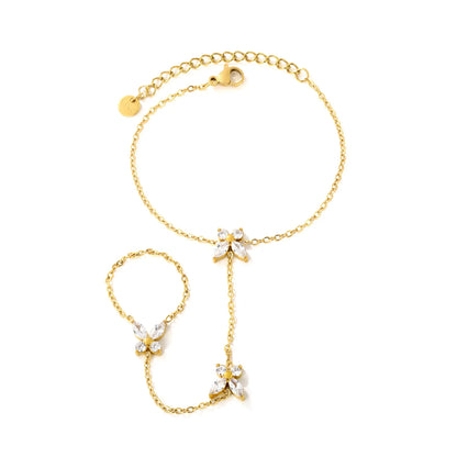 Butterfly Crystal Hand Chain | 18K Gold Plated Stainless Steel | Linked Bracelet Ring for Wholesale