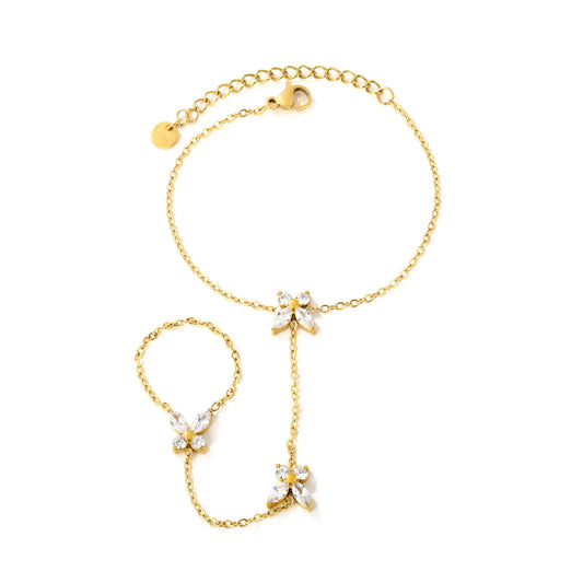 Butterfly Crystal Hand Chain | 18K Gold Plated Stainless Steel | Linked Bracelet Ring for Wholesale