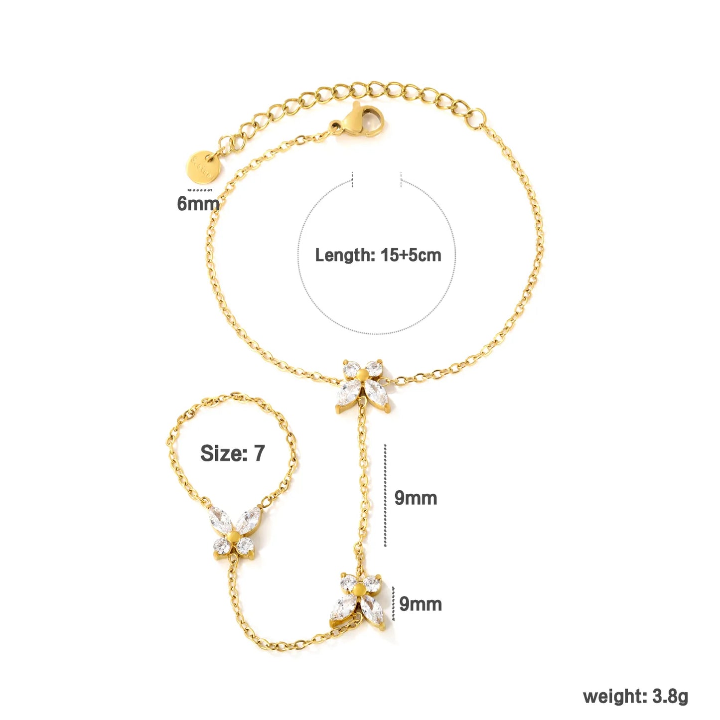 Butterfly Crystal Hand Chain | 18K Gold Plated Stainless Steel | Linked Bracelet Ring for Wholesale